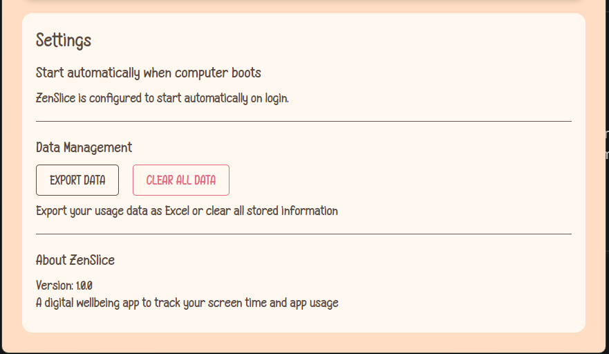 ZenSlice settings panel with theme selector and data export